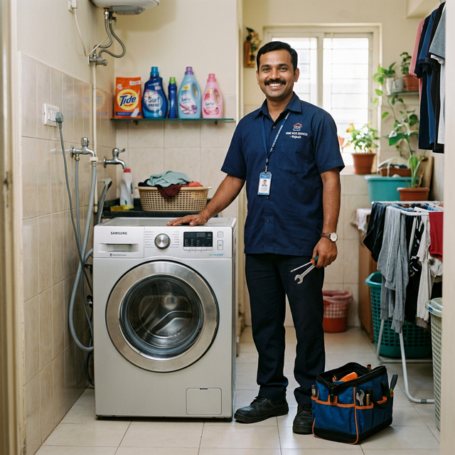 Washing machine technician at service visit